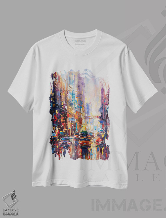 تیشرت طرح دار منظرهٔ شهری انتزاعی، هنر فاخر معاصر اثر آندره اوستاپچوک | immage.ir