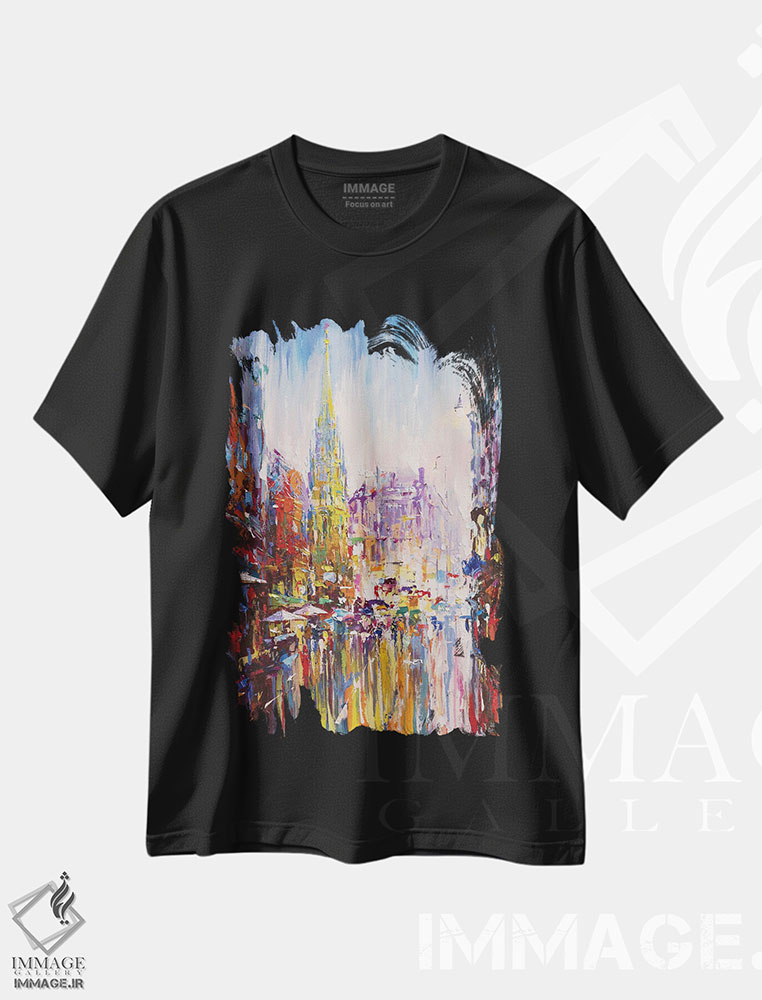 تیشرت طرح دار منظرهٔ شهری انتزاعی وین، آبستره اثر آندره اوستاپچوک | فروشگاه ایماژ