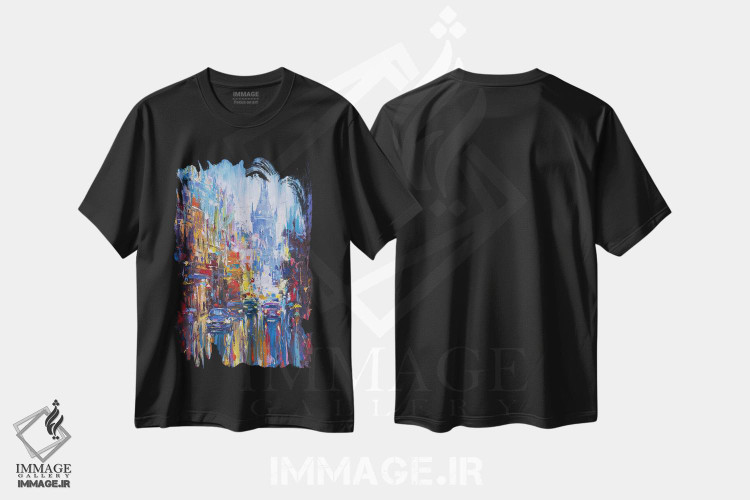 تیشرت طرح دار منظرهٔ شهری انتزاعی، آبستره اثر آندره اوستاپچوک | فروشگاه ایماژ
