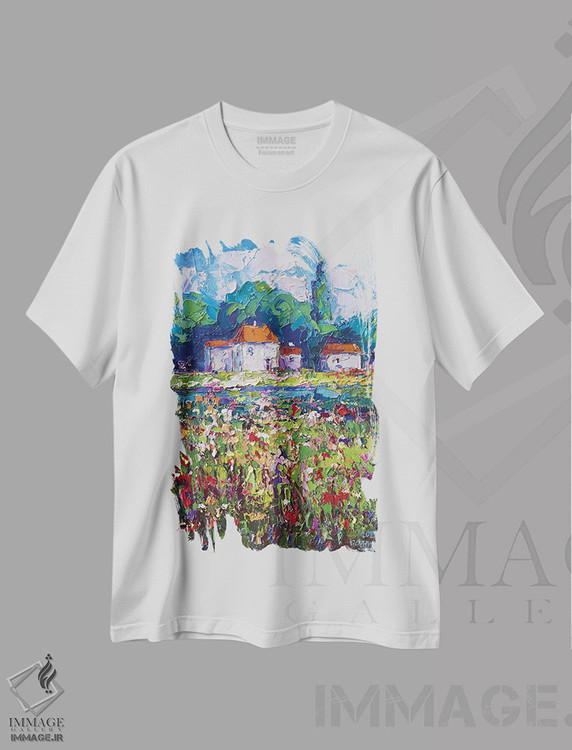 تیشرت طرح دار چشم انداز روستایی، هنر فاخر معاصر اثر آندره اوستاپچوک | immage.ir