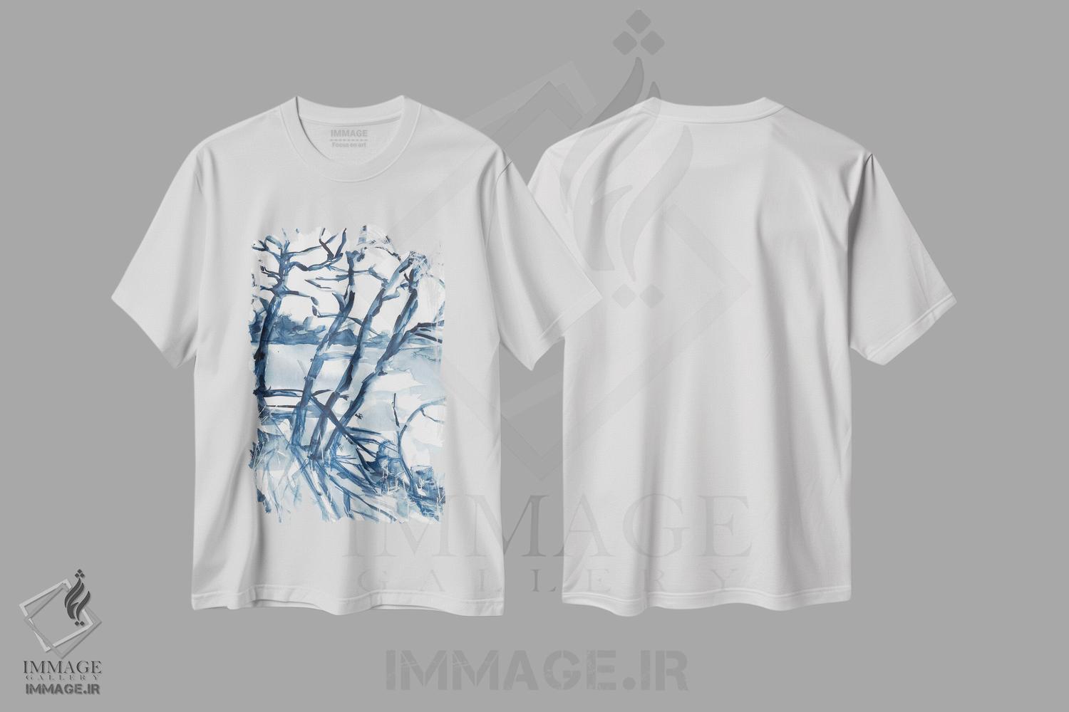 تیشرت طرح دار منظرهٔ زمستانی آبی، درختان، مدیوم اثر آنا اوز | immage.ir