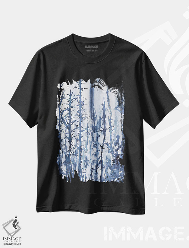 تیشرت طرح دار درختان مرموز آبی، منظرهٔ آبرنگ، آبستره اثر آنا اوز | فروشگاه ایماژ