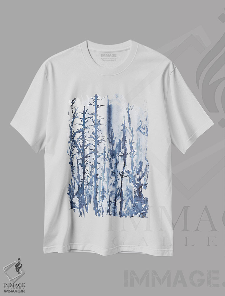 تیشرت طرح دار درختان مرموز آبی، منظرهٔ آبرنگ، آبستره اثر آنا اوز | immage.ir
