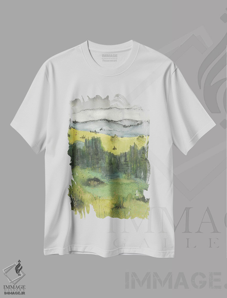 تیشرت طرح دار منظرهٔ سبز، کوه های آبی، مدیوم اثر آنا اوز | immage.ir