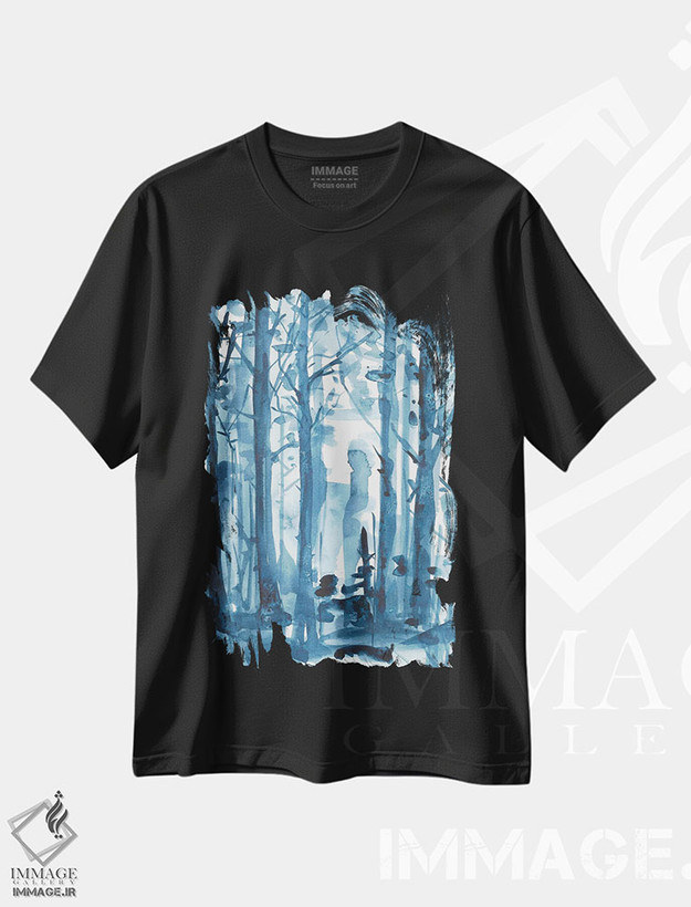 تیشرت طرح دار جنگل مه آلود آبی با آبرنگ، دکور معاصر اثر آنا اوز | فروشگاه ایماژ
