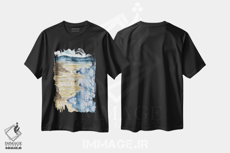 تیشرت طرح دار منظره دریای آبی و کوه ها، آبستره اثر آنا اوز | فروشگاه ایماژ