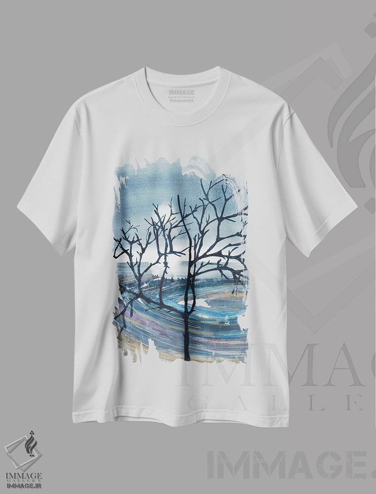 تیشرت طرح دار بازتاب خورشید در دریاچه و درخت، آبستره اثر آنا اوز | immage.ir