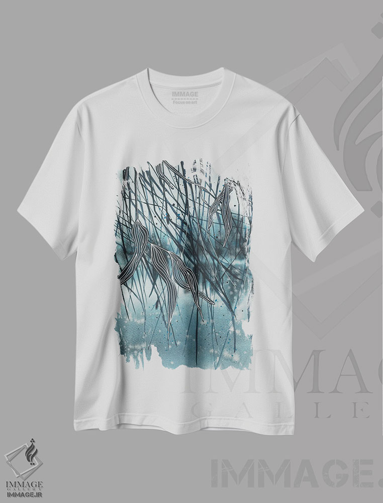 تیشرت طرح دار منظره آبی دریاچه، برگ های درخت، آبستره اثر آنا اوز | immage.ir