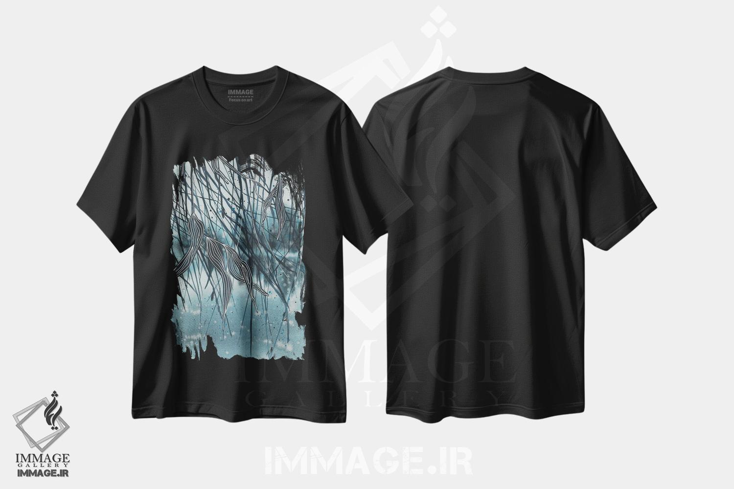 تیشرت طرح دار منظره آبی دریاچه، برگ های درخت، آبستره اثر آنا اوز | فروشگاه ایماژ