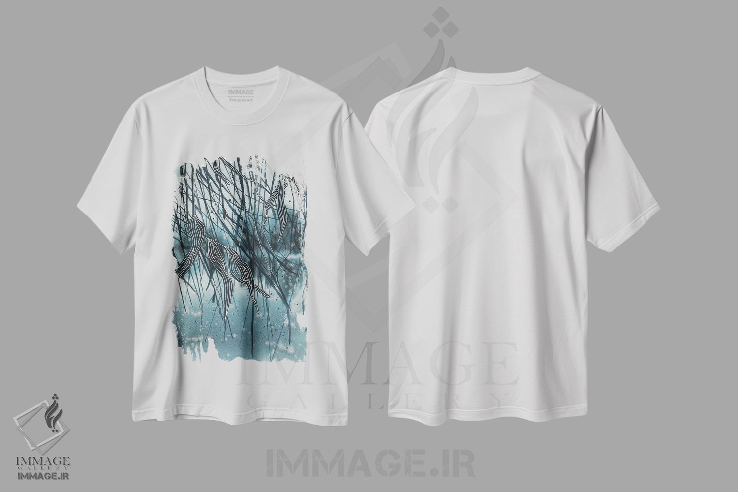 تیشرت طرح دار منظره آبی دریاچه، برگ های درخت، آبستره اثر آنا اوز | immage.ir