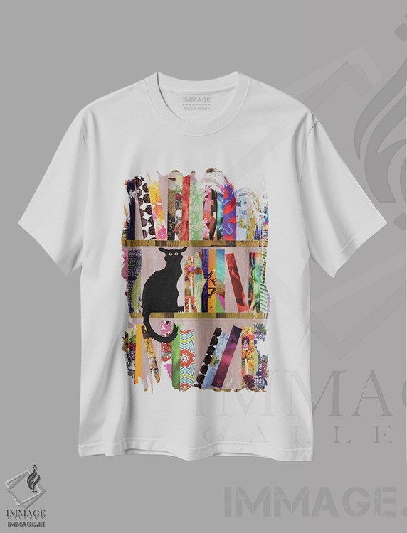 تیشرت طرح دار گربهٔ کتاب دوست، مدیوم اثر آرت پاپ تارت | immage.ir