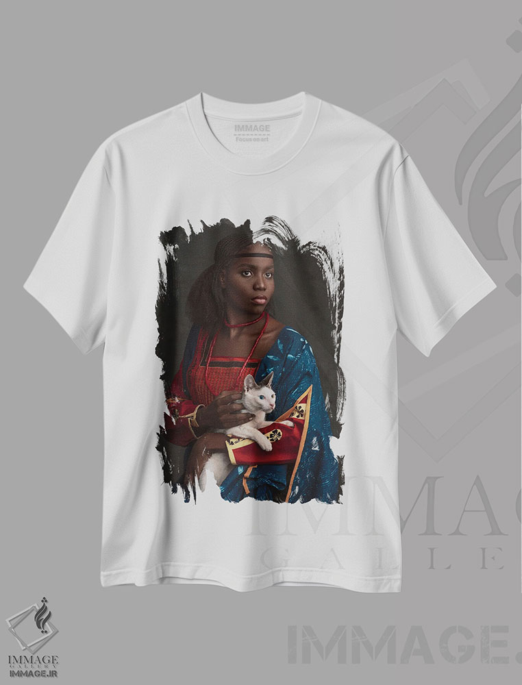 تیشرت طرح دار بانویی با یک گربه، هنر آمریکایی آفریقایی تبار اثر آدنیران آدسانیا | immage.ir