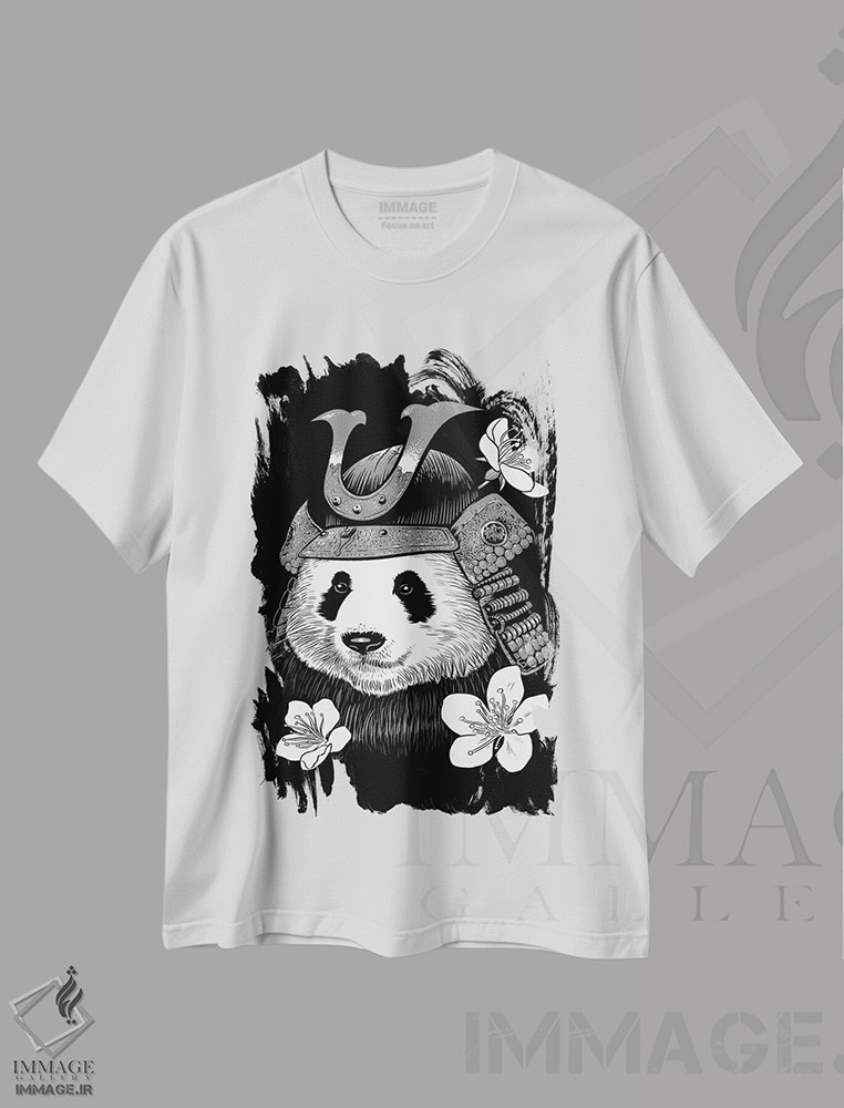 تیشرت طرح دار پاندای سامورایی، هنر دیجیتال سیاه و سفید اثر آلبرتو پرز | immage.ir
