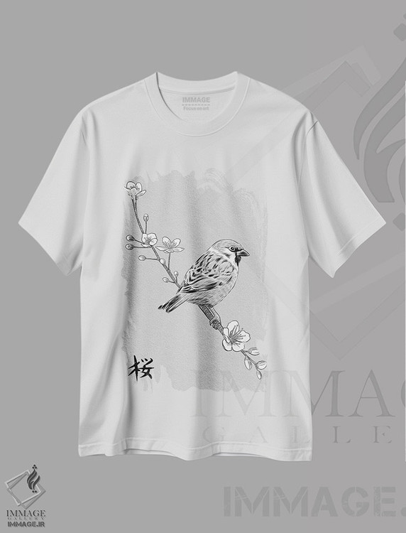 تیشرت طرح دار گنجشک کانجی، هنر دیجیتال سیاه و سفید اثر آلبرتو پرز | immage.ir