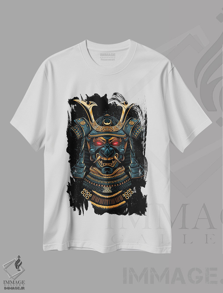 تیشرت طرح دار نقاب سامورایی طلایی، هنر دیجیتال اثر آلبرتو پرز | immage.ir