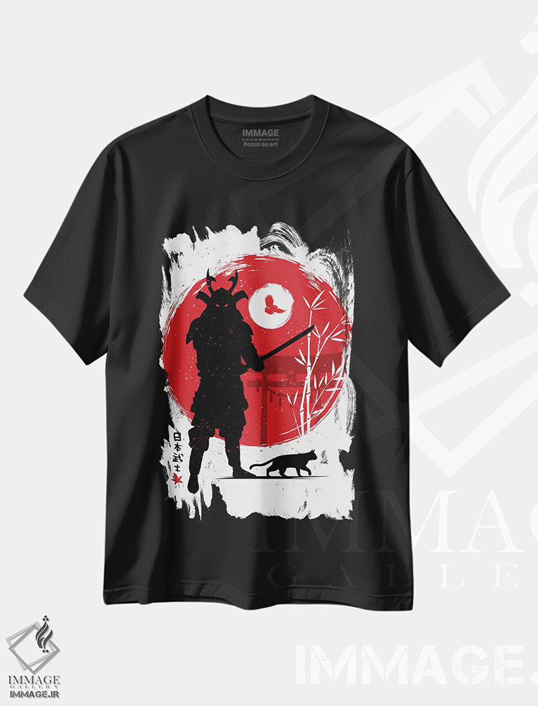تیشرت طرح دار سامورایی با گربه اش، دکور آسیایی اثر آلبرتو پرز | فروشگاه ایماژ
