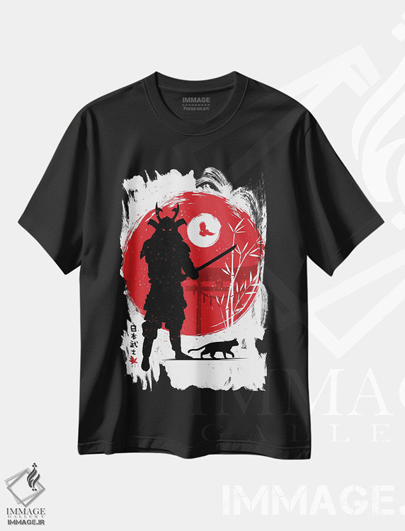 تیشرت طرح دار سامورایی با گربه اش، دکور آسیایی اثر آلبرتو پرز | فروشگاه ایماژ