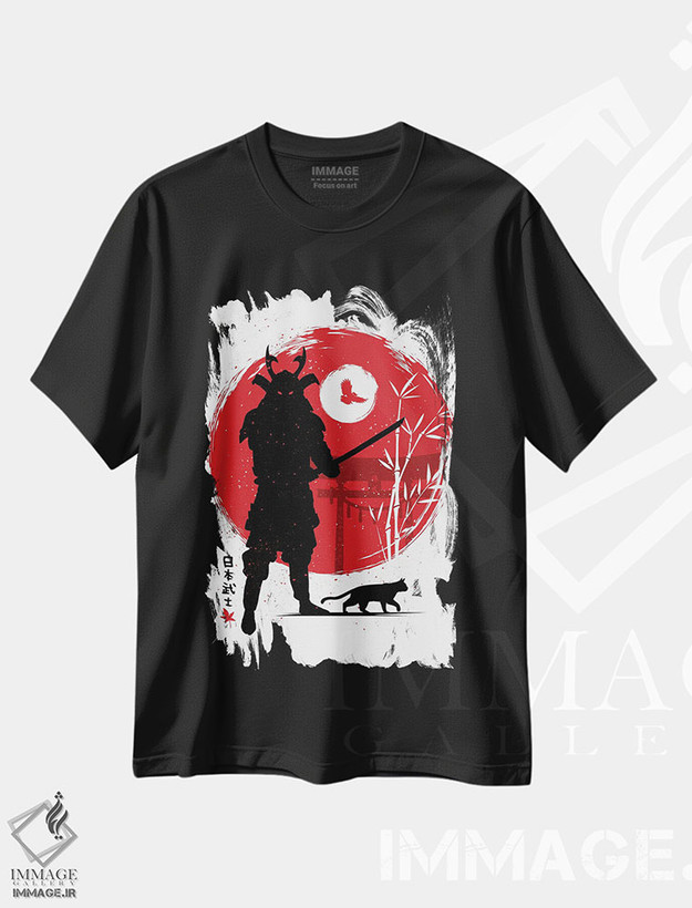 تیشرت طرح دار سامورایی با گربه اش، دکور آسیایی اثر آلبرتو پرز | فروشگاه ایماژ