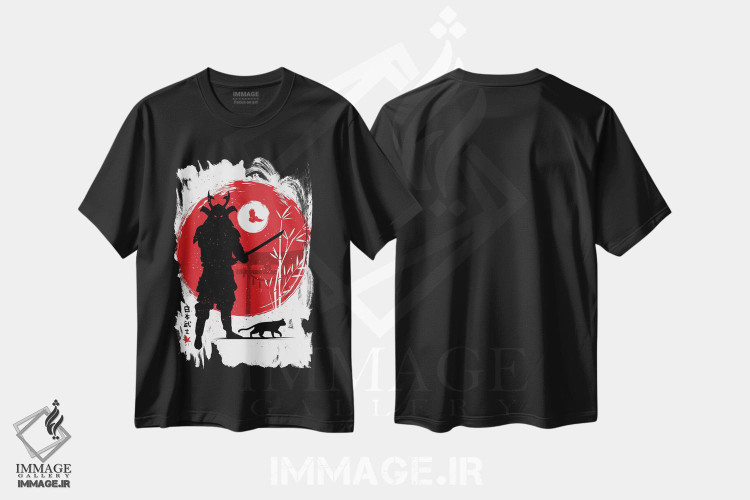 تیشرت طرح دار سامورایی با گربه اش، دکور آسیایی اثر آلبرتو پرز | فروشگاه ایماژ