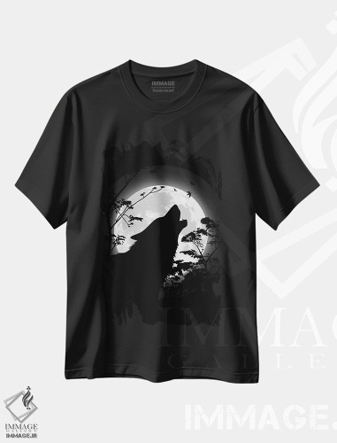 تیشرت طرح دار گرگ زوزه کش زیر ماه، هنر دیجیتال اثر آلبرتو پرز | فروشگاه ایماژ