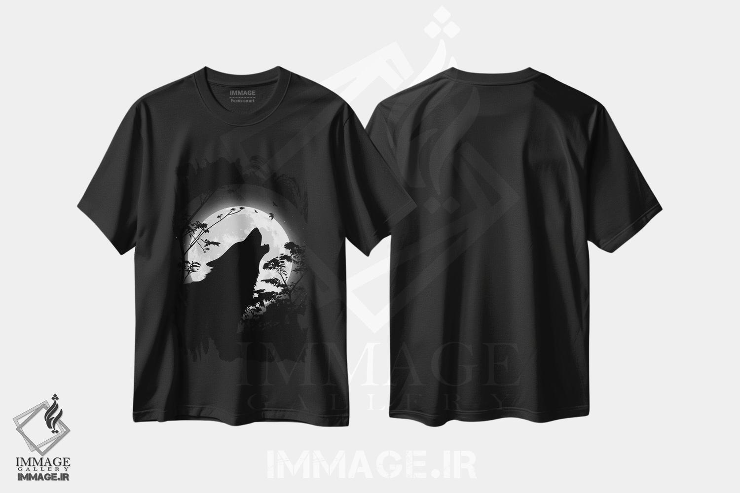 تیشرت طرح دار گرگ زوزه کش زیر ماه، هنر دیجیتال اثر آلبرتو پرز | فروشگاه ایماژ