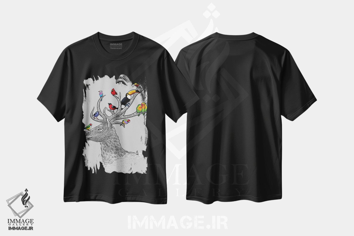 تیشرت طرح دار گوزن و پرندگان استوایی، دکور کلبه و لژ اثر آلبرتو پرز | فروشگاه ایماژ