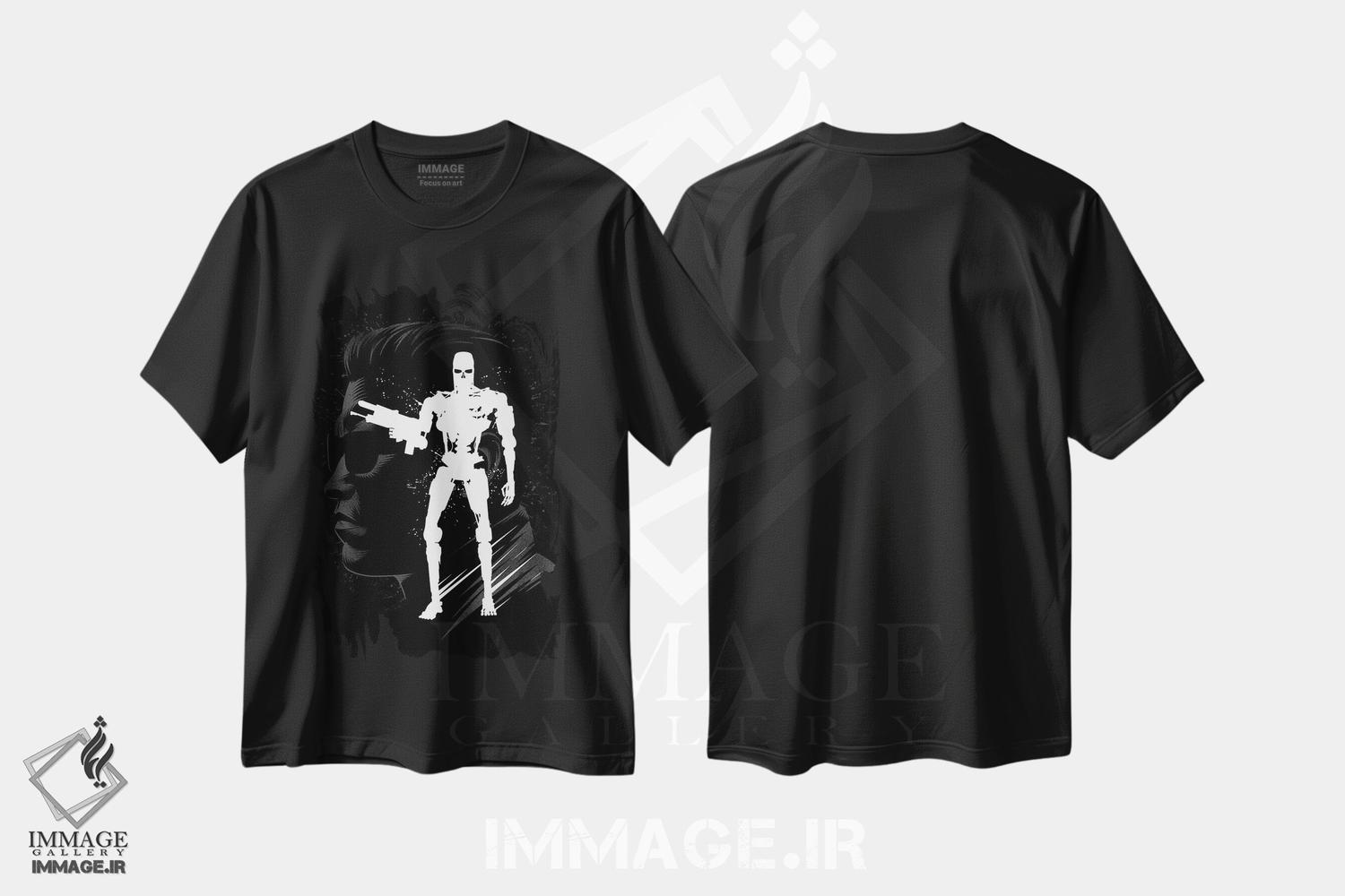 تیشرت طرح دار آیندهٔ ماشین نقاشی شده با جوهر، هنر دیجیتال سیاه و سفید اثر آلبرتو پرز | فروشگاه ایماژ