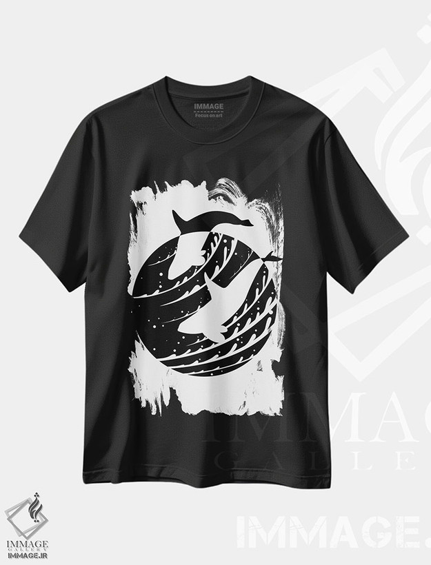 تیشرت طرح دار نهنگ قاتل دایره ای مینیمال، هنر تزئینی سیاه و سفید اثر آلبرتو پرز | فروشگاه ایماژ
