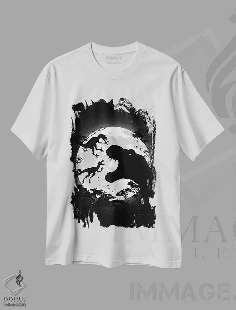 تیشرت طرح دار تی رکس در مقابل ولاسیرپتورها، هنر دیجیتال اثر آلبرتو پرز | immage.ir