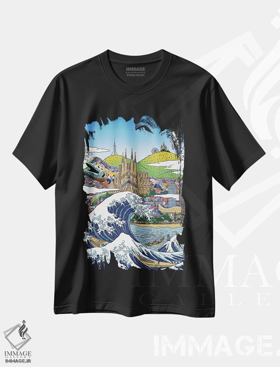 تیشرت طرح دار موج بزرگ بارسلون، دکور آسیایی اثر آلبرتو پرز | فروشگاه ایماژ