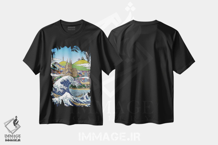 تیشرت طرح دار موج بزرگ بارسلون، دکور آسیایی اثر آلبرتو پرز | فروشگاه ایماژ