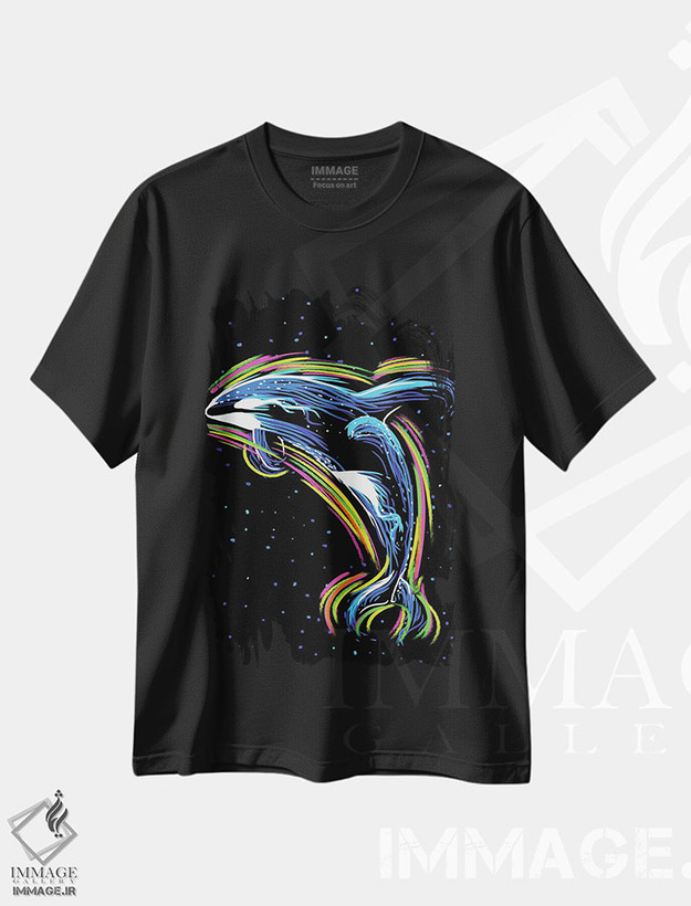 تیشرت طرح دار نهنگ قاتل با خطوط نئونی، دکوراسیون جایگزین اثر آلبرتو پرز | فروشگاه ایماژ