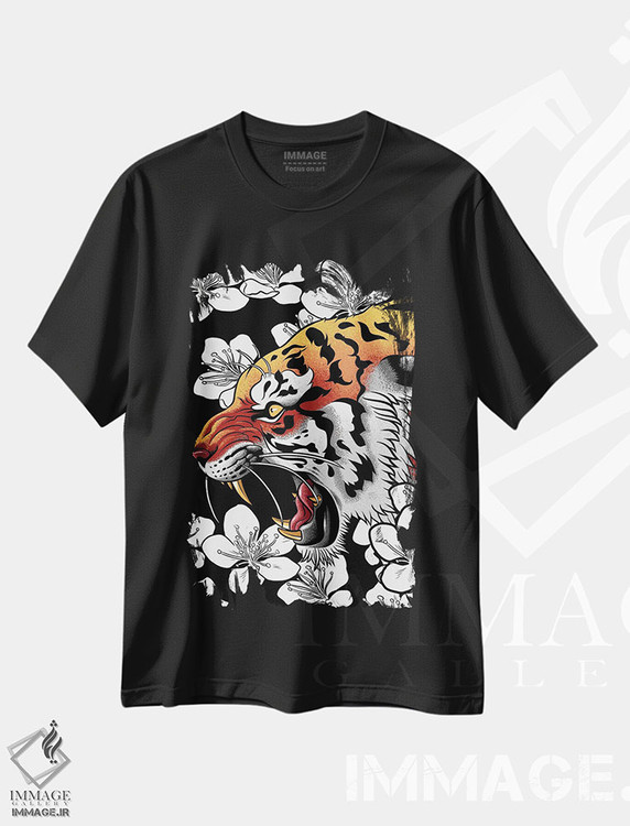 تیشرت طرح دار تاتوی ببر و درخت گیلاس، هنر دیجیتال اثر آلبرتو پرز | فروشگاه ایماژ