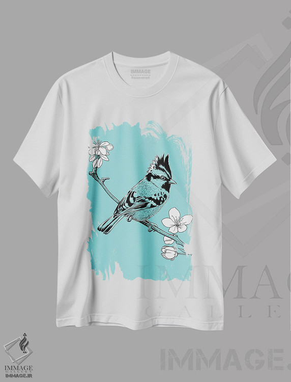 تیشرت طرح دار گنجشک تاج دار بر شاخه ای در ژاپن، هنر دیجیتال اثر آلبرتو پرز | immage.ir