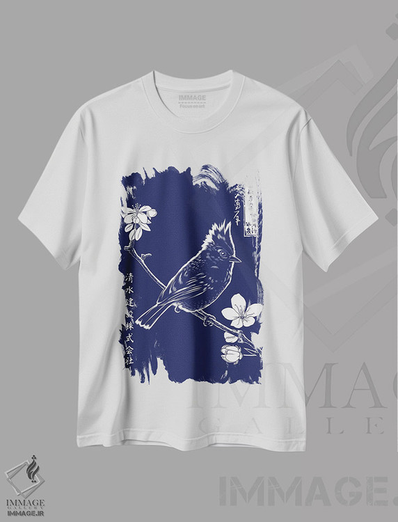 تیشرت طرح دار گنجشک روی شاخه ای در شب ژاپن، هنر دیجیتال اثر آلبرتو پرز | immage.ir