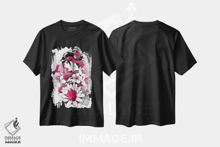 تیشرت طرح دار گیشا با مار صورتی، دکور آسیایی اثر آلبرتو پرز | فروشگاه ایماژ