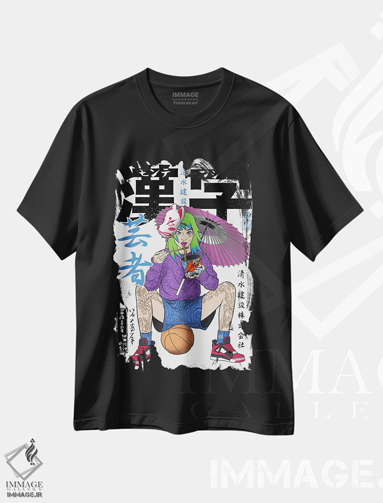 تیشرت طرح دار بازیکن بسکتبال ژاپنی در حال خوردن رامِن، دکور آسیایی اثر آلبرتو پرز | فروشگاه ایماژ