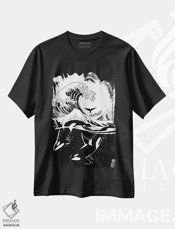 تیشرت طرح دار موج ژاپنی با نهنگ های قاتل، هنر دیجیتال سیاه و سفید اثر آلبرتو پرز | فروشگاه ایماژ