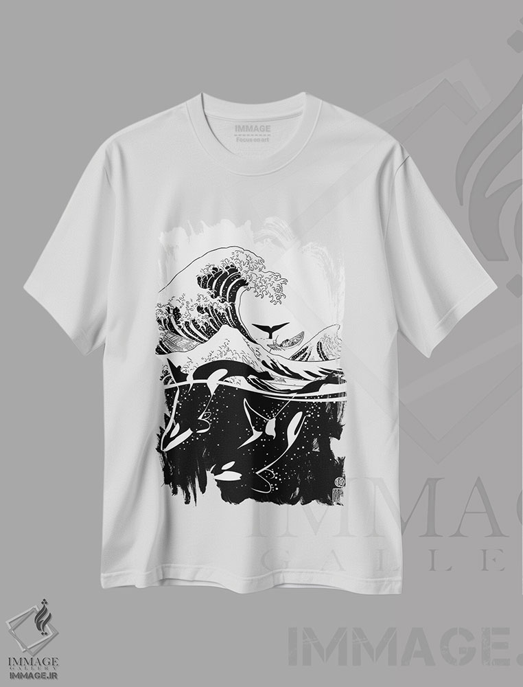 تیشرت طرح دار موج ژاپنی با نهنگ های قاتل، هنر دیجیتال سیاه و سفید اثر آلبرتو پرز | immage.ir
