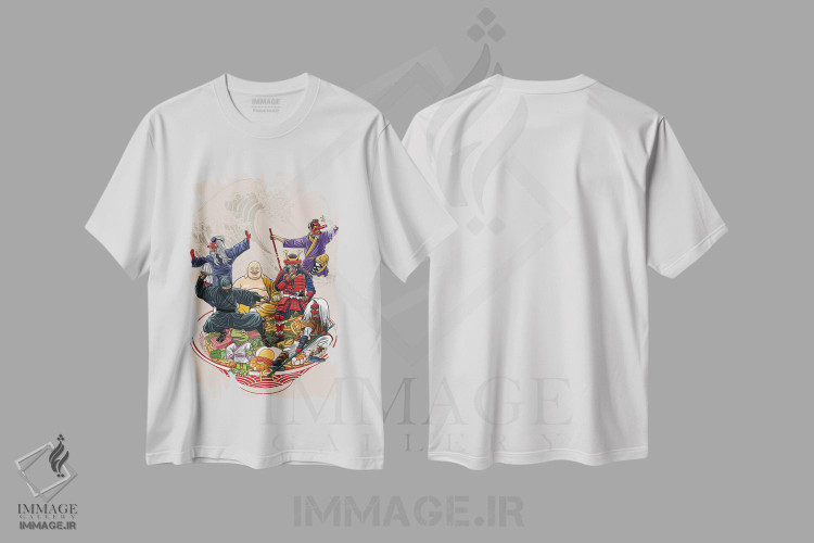 تیشرت طرح دار جنگجویان فرهنگ ژاپنی روی رامن، دکور آسیایی اثر آلبرتو پرز | immage.ir