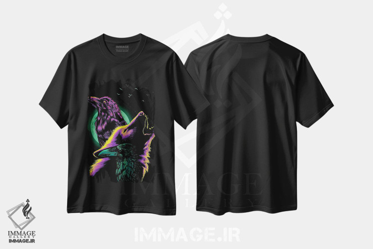 تیشرت طرح دار کلاغ ها و زوزهٔ گرگ زیر ماه، هنر دیجیتال اثر آلبرتو پرز | فروشگاه ایماژ