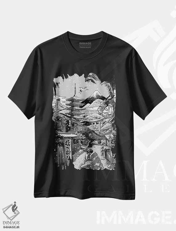 تیشرت طرح دار خیابان ژاپنی برفی، دکور آسیایی اثر آلبرتو پرز | فروشگاه ایماژ