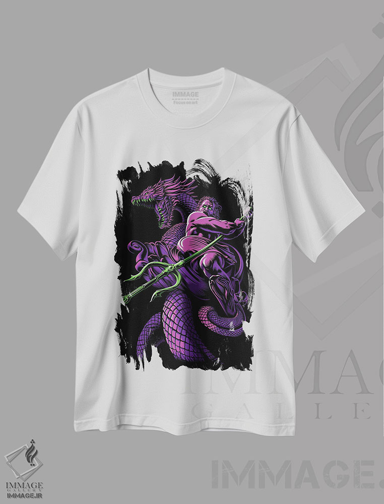تیشرت طرح دار پوسایدون با نیزه سه شاخه و اژدها، هنر دیجیتال اثر آلبرتو پرز | immage.ir