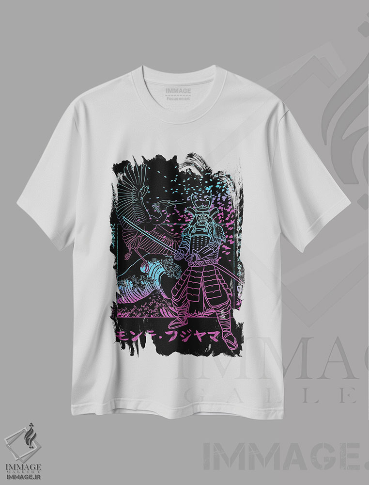 تیشرت طرح دار سامورایی با درنا، هنر دیجیتال اثر آلبرتو پرز | immage.ir