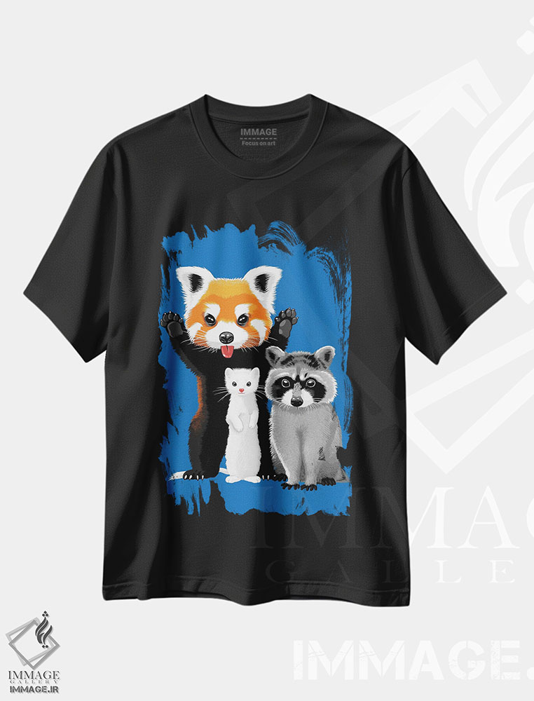 تیشرت طرح دار راکن، راسو و پاندای قرمز، هنر دیجیتال اثر آلبرتو پرز | فروشگاه ایماژ