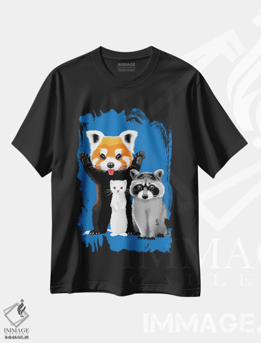 تیشرت طرح دار راکن، راسو و پاندای قرمز، هنر دیجیتال اثر آلبرتو پرز | فروشگاه ایماژ