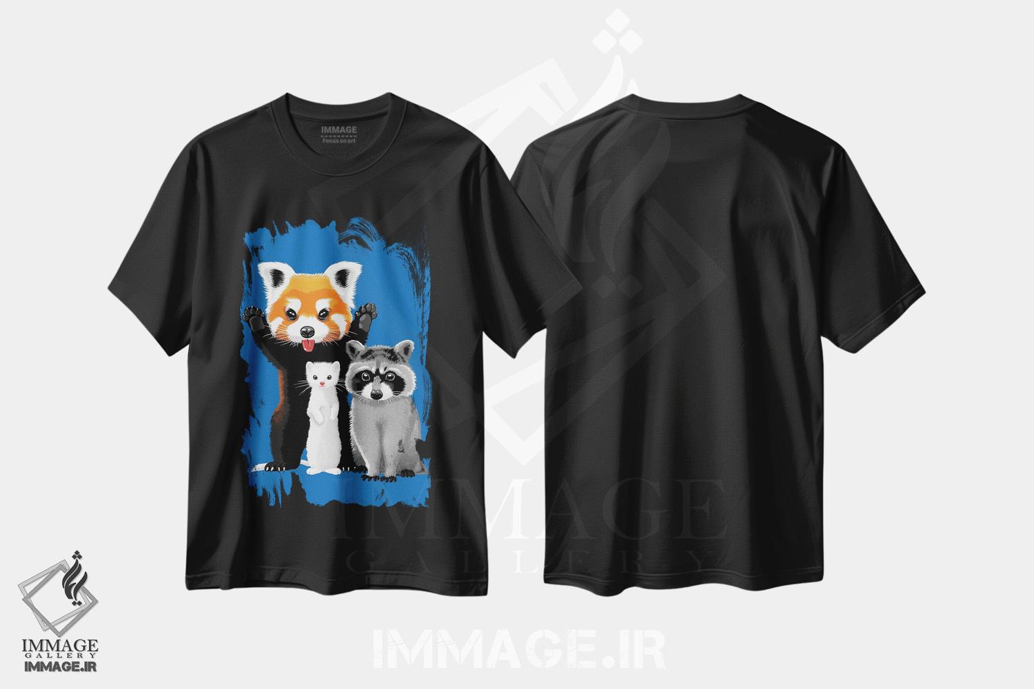 تیشرت طرح دار راکن، راسو و پاندای قرمز، هنر دیجیتال اثر آلبرتو پرز | فروشگاه ایماژ