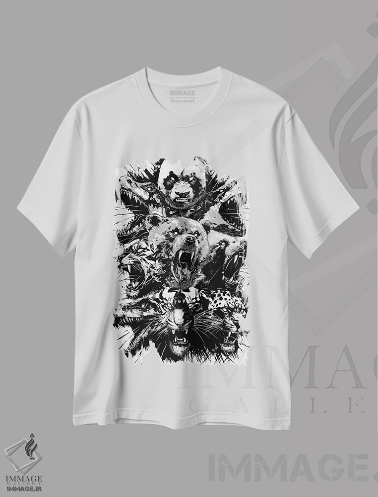 تیشرت طرح دار حیوانات وحشی، هنر دیجیتال سیاه و سفید اثر آلبرتو پرز | immage.ir