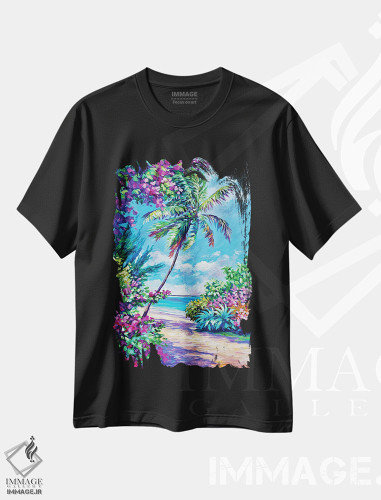 تیشرت طرح دار نخل و گل کاغذی، دکور ساحلی اثر جان کلارک | فروشگاه ایماژ