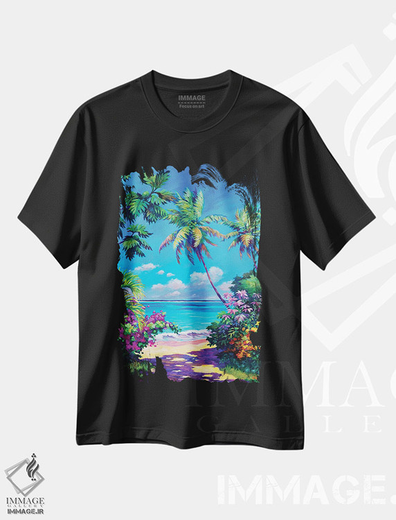 تیشرت طرح دار چشم انداز دریا با درخت نان، دکور ساحلی اثر جان کلارک | فروشگاه ایماژ